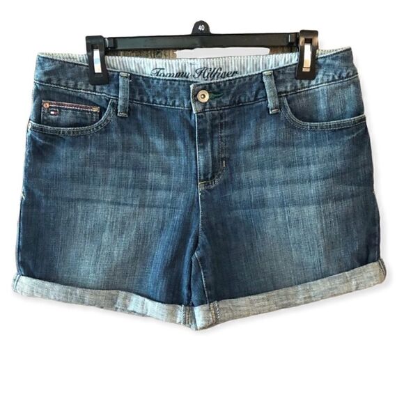 Tommy Hilfiger 10 Blue Denim Roll-up Cuff Cotton Shorts - Picture 1 of 8